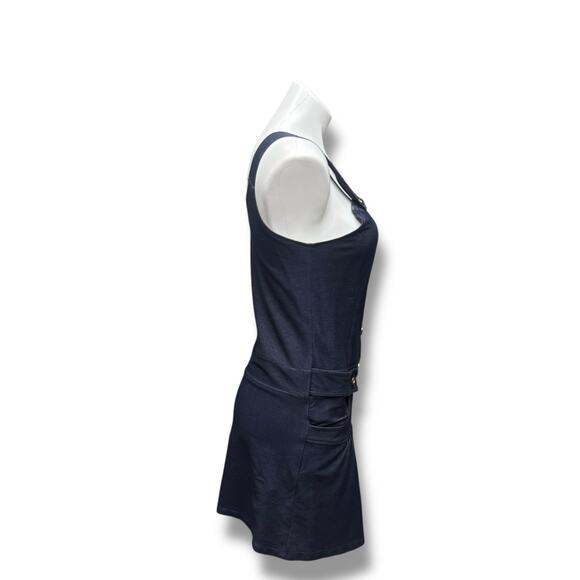 Vintage Y2K Overall Dress Women’s Stretch "Denim" Gold Button Front Pockets Sz L - Picture 7 of 9